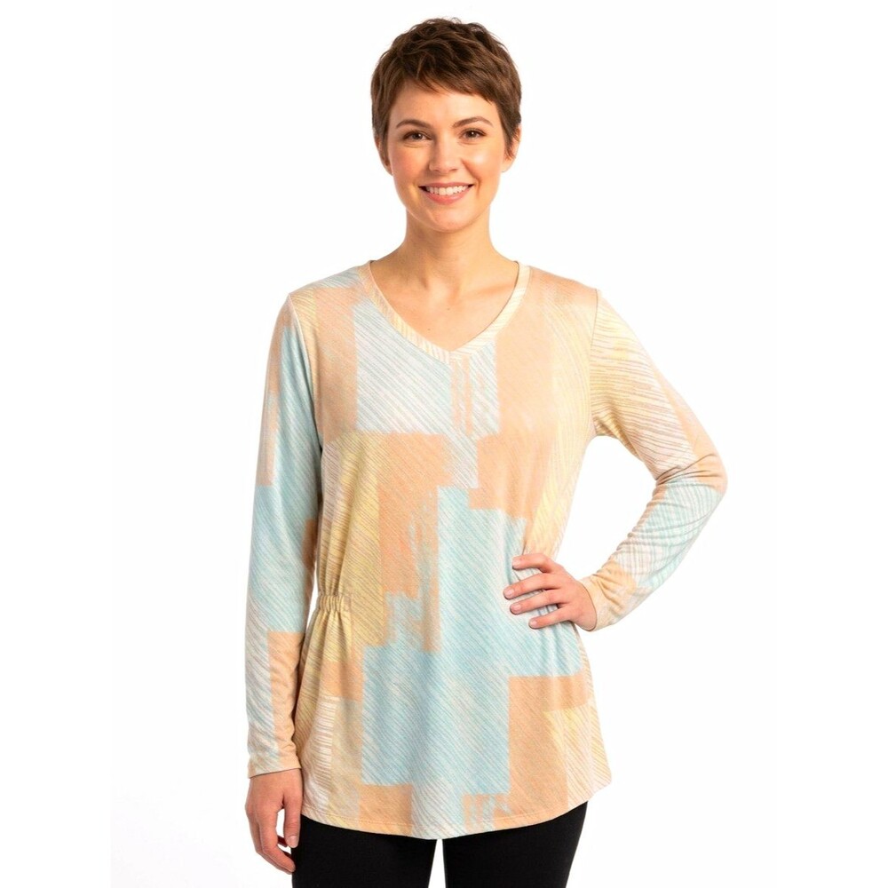 LOGO by Lori Goldstein Womens Tunic Top Large  V-Neck Stretch Pullover Long Slv